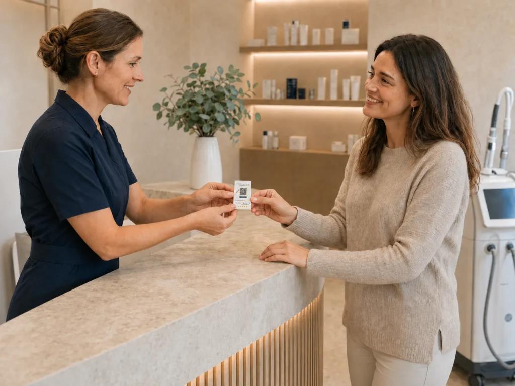 Une praticienne remet la carte UltimeBoost à sa cliente