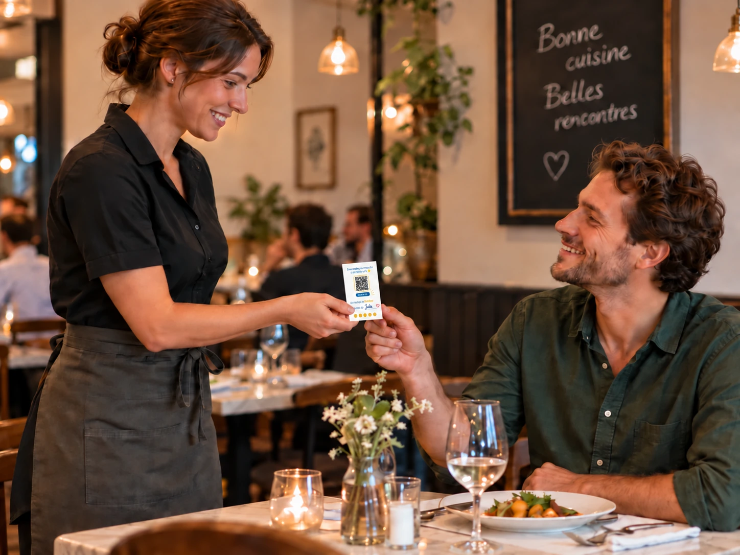 Une serveuse remet une carte UltimeBoost à un client dans un restaurant.