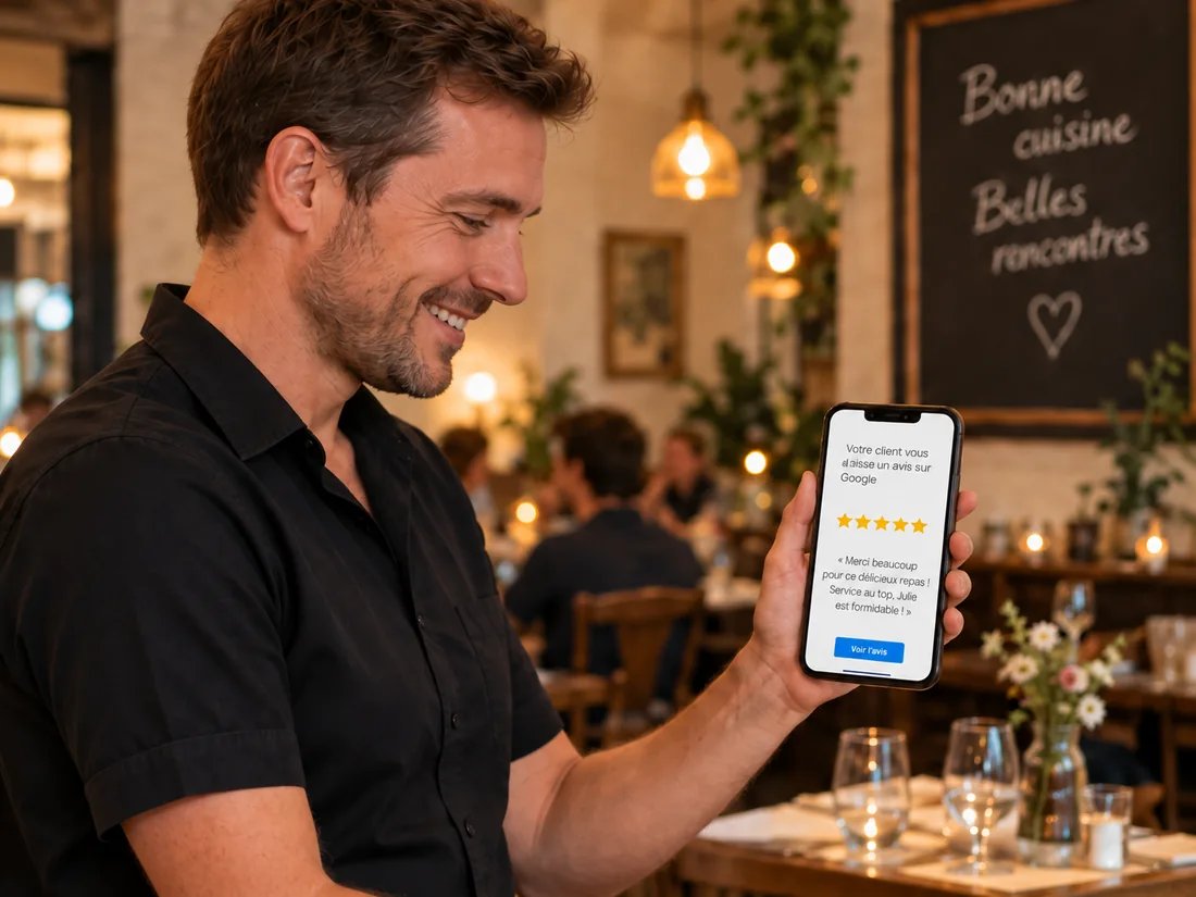 Un restaurateur souriant consulte une notification d’avis cinq étoiles sur son téléphone.